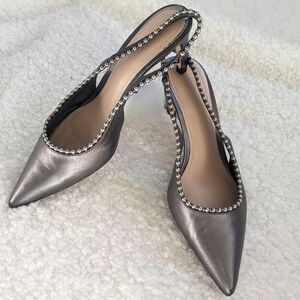Zara Women's Leather Slingback Pumps Pewter / Silver Studded Size 37/6.5 Rare